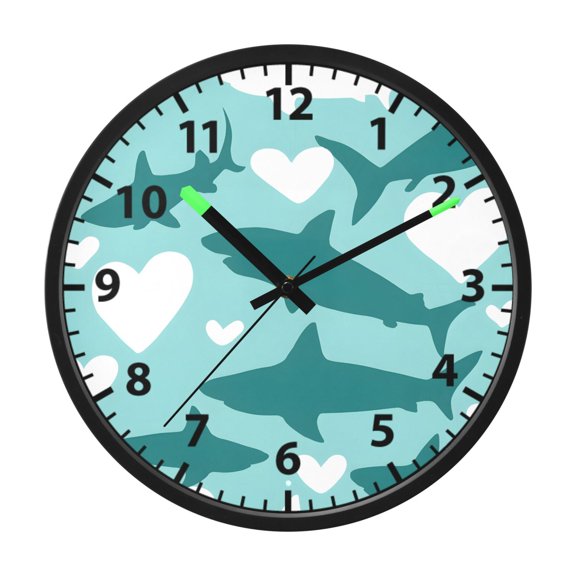 Shark Pattern Wall Clock 12 Inch Voice Activated Night Light Silent Non Ticking