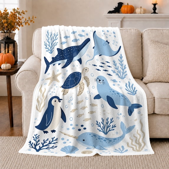 Shark with Penguin and Turtle Ocean Animals, Playful Coastal Style for Kids, Blue Sea Creature Pattern and Birthday Gift, Soft Flannel Blanket for Playroom and Bedroom, Home Decor
