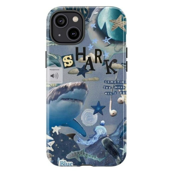 Shark Phone Case, Ocean Blue Collage iPhone Case, Underwater Sea Life Protective Phone Cover, Cool Shark Art Design for iPhone 16 15 14 13 12 11 Plus Pro Max Mini