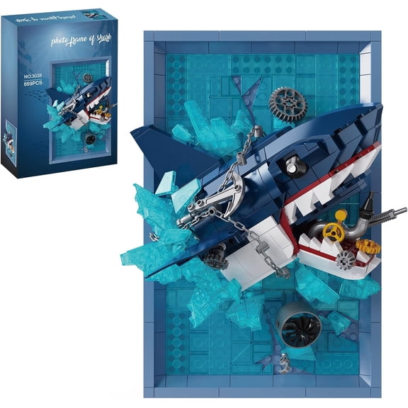 Shark Photo Frame Building Blocks Set, 3D Wall Decor Bricks Kit, Unique Home Wall Decor or Table Display