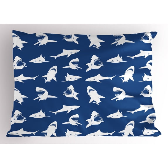 Shark Pillow Sham Shark Pattern with Various Gestures Have A Bite Danger Humor Nautical Design, Decorative Standard Size Printed Pillowcase, 26 X 20 Inches, Dark Blue White, by Ambesonne