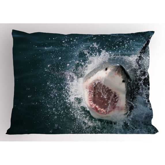 Shark Pillow Sham Wild Animal in the Sea Attacking Showing the Mouth and Teeth Scary Print, Decorative Standard Queen Size Printed Pillowcase, 30 X 20 Inches, Petrol Blue Grey White, by Ambesonne
