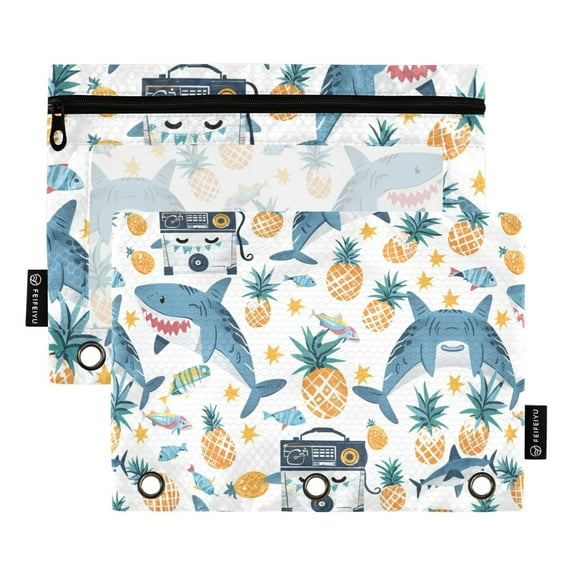 Shark Pineapple Fish Music Players 2 Pack Pencil Pouch for 3 Ring Binder Smooth Zipper Folders with Pockets Clear Window Pencil Case