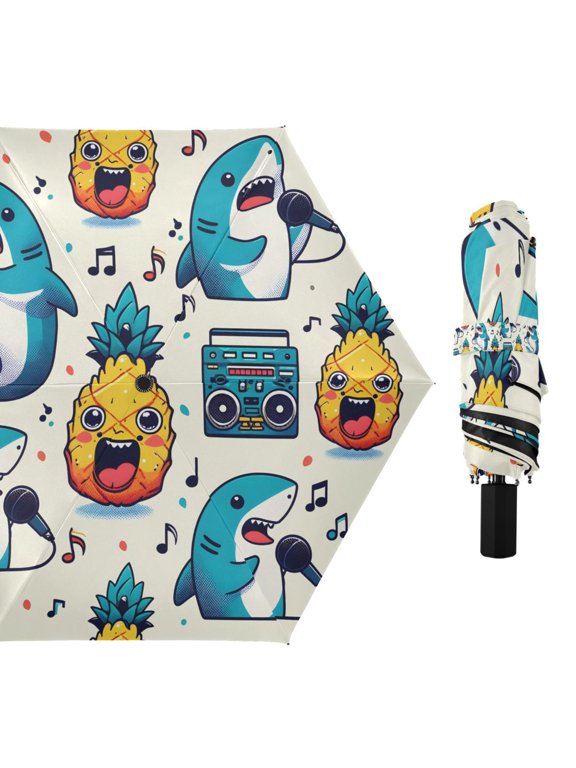 Shark Pineapple Music Notes Compact Sun Umbrella Windproof Travel Umbrellas for Rain Strong Portable UV Protection