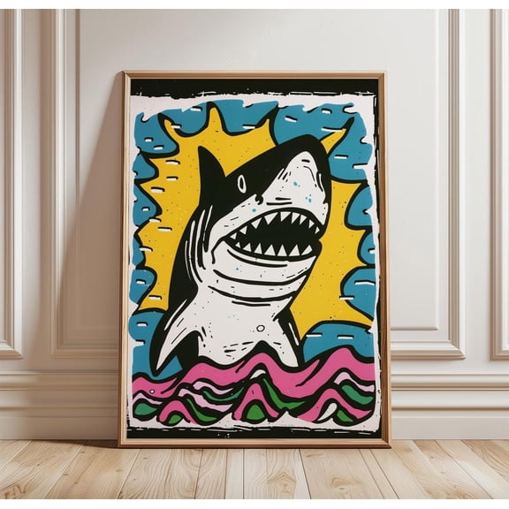 Shark Poster Bold Pop Art Ocean Wall Art Colourful Shark Decor Art, Unframed Canvas