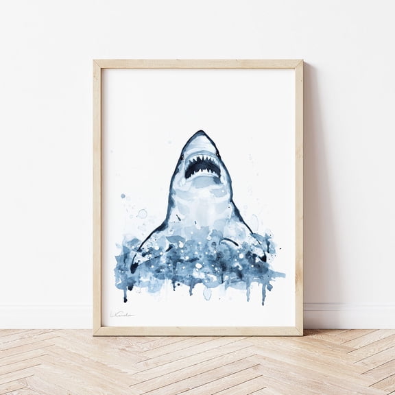 Shark Poster, Coastal Wall Art, Nautical Nursery Decor, Beach House Art, Navy Blue, Summer Beach Poster, Fish, 8x12 UNFRAMED