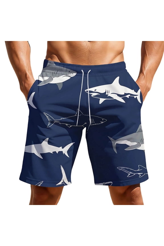 Shark Print Swim Trunks for Men Beach Outdoor Water Sports with Secure Zipper Pockets Blue L