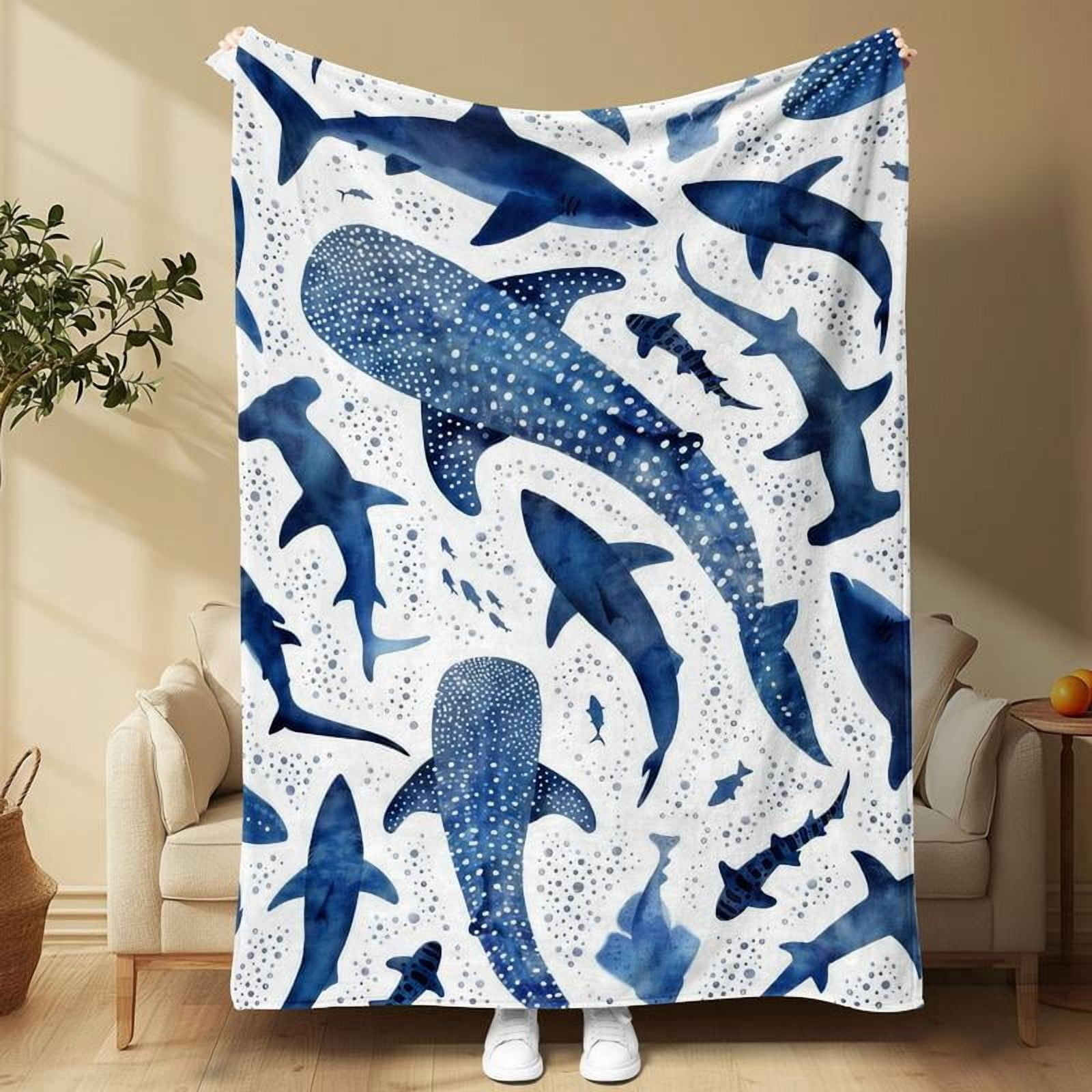 Shark Print Throw Blanke Soft Flannel Blue Ocean Whale Shark Blanket ...
