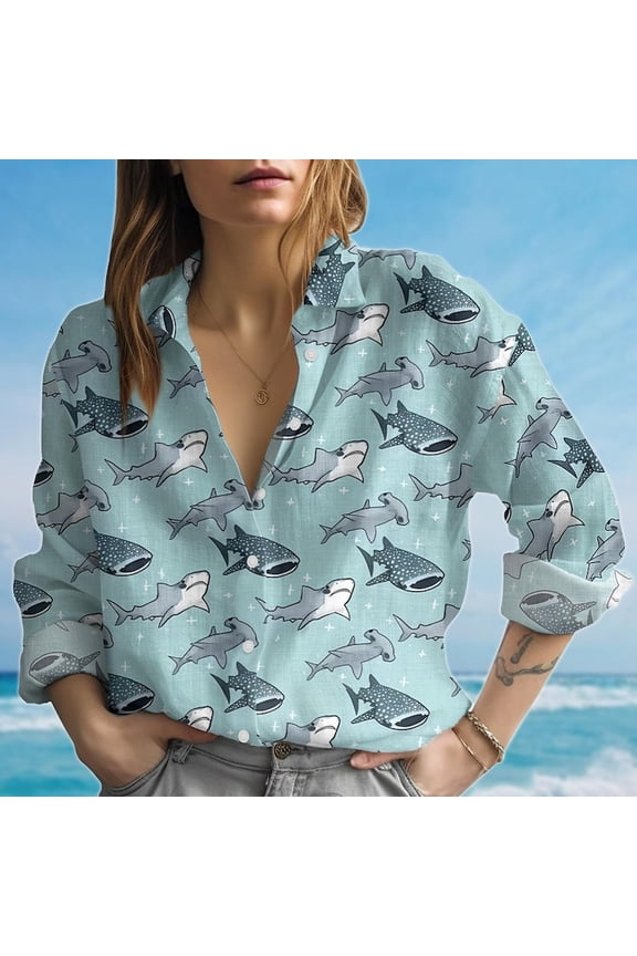 , Cute Ocean Animal Blouse, Beach Vacation Button Shirt, Summer Sea Life Shirt, Coastal Gift For Her