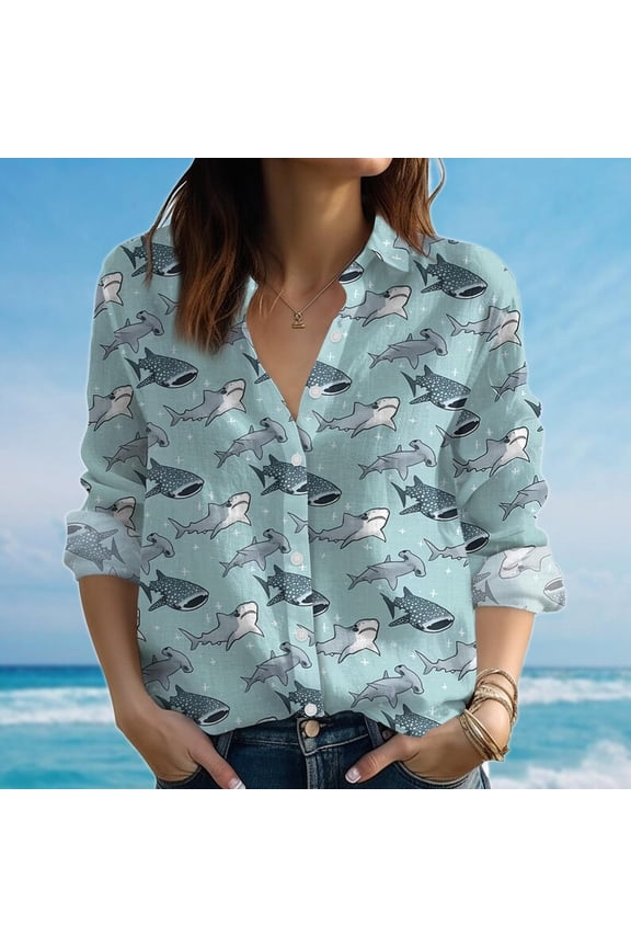 , Cute Ocean Animal Blouse, Beach Vacation Button Shirt, Summer Sea Life Shirt, Coastal Gift For Her