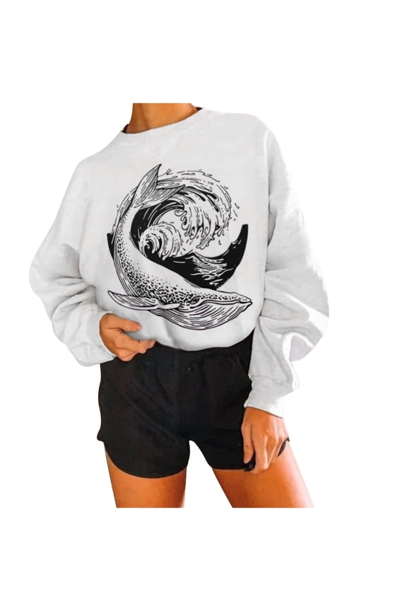 Shark Print Women's Sweatshirt Long Sleeve Crewneck Retro Relax Fit Fall Casual Pullover Sweater Spring Tops