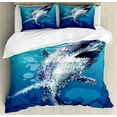 thumbnail image 1 of Shark Queen Size Duvet Cover Set, Digital Psychedelic Shark Figure with Droplets Scary Atlantic Beast Abstract Artwork, Decorative 3 Piece Bedding Set with 2 Pillow Shams, Blue Grey, by Ambesonne, 1 of 3
