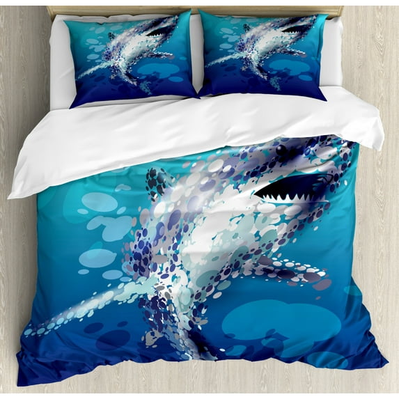 Shark Queen Size Duvet Cover Set, Digital Psychedelic Shark Figure with Droplets Scary Atlantic Beast Abstract Artwork, Decorative 3 Piece Bedding Set with 2 Pillow Shams, Blue Grey, by Ambesonne