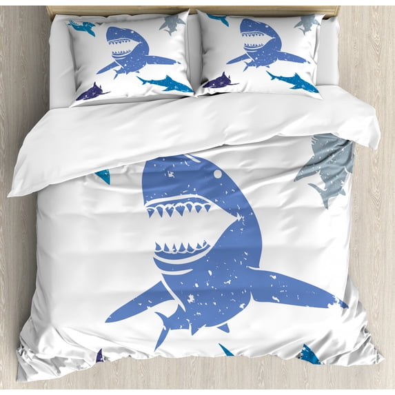 Shark Queen Size Duvet Cover Set, Grunge Style Big and Small Sharks with Open Mouths Predator Jaws Dangerous Image, Decorative 3 Piece Bedding Set with 2 Pillow Shams, Royal Blue, by Ambesonne