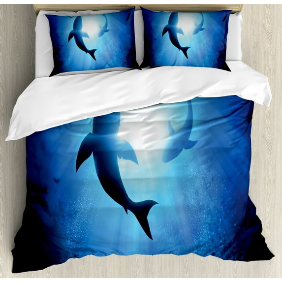 Shark Queen Size Duvet Cover Set, Underwater World with Fish Silhouettes Circling in the Sea Surreal Ocean Life Print, Decorative 3 Piece Bedding Set with 2 Pillow Shams, Royal Blue, by Ambesonne