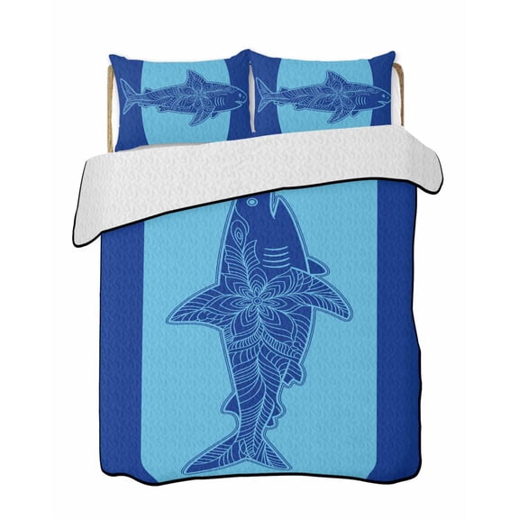 Shark Quilts Bedding Set King Size Summer Beach Lightweight Quilted Bedspread 3 Piece Bed Quilt with 2 Pillow Shams All Season for Bedroom 90" x 96"