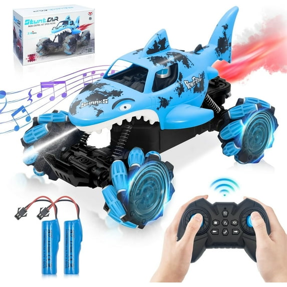 Shark Remote Control Cars for Boys 2.4GHz Water Shooting RC Cars with Light & Spray 360 Flips Rotating Monster Truck Toys for Kids Adults Gifts (Blue)