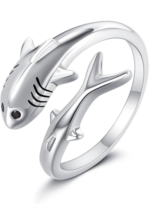 Shark Ring Sterling Silver Ocean Shark Adjustable Ring Animal Jewelry for Women Mum