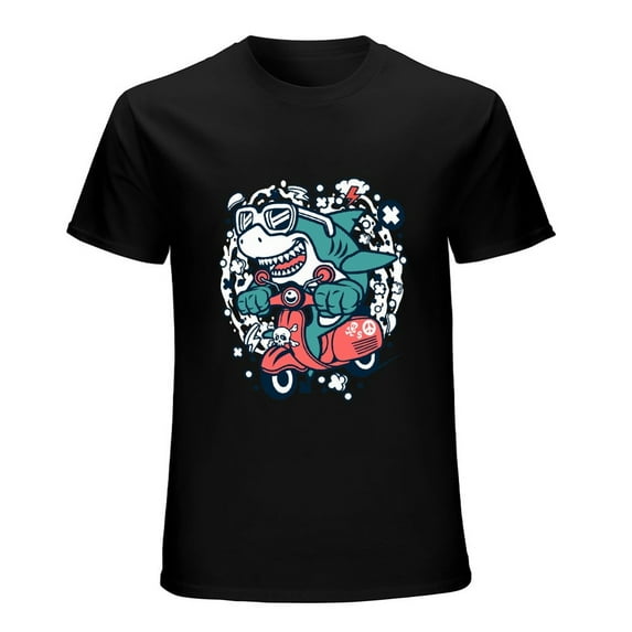 Shark Scooterist Vintage T-shirt Mens Cotton Classic Crewneck Short Sleeve Tees Unisex Black 3XL