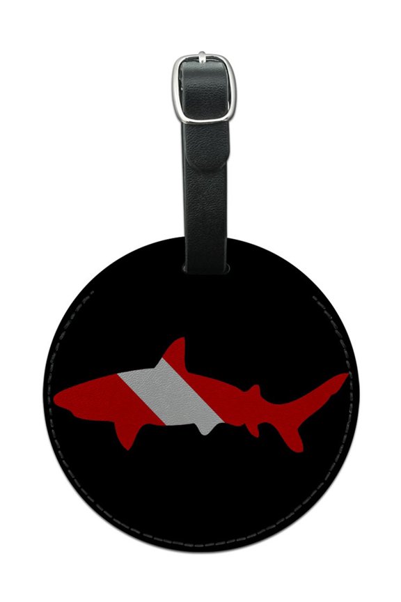 Shark Scuba Symbol on Black Diver Dive Round Leather Luggage ID Bag Tag Suitcase