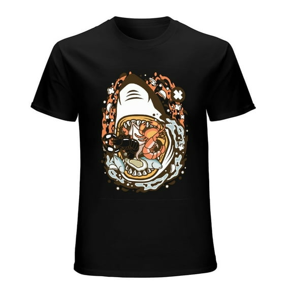 Shark Seafood Vintage T-shirt Mens Cotton Classic Crewneck Short Sleeve Tees Unisex Black 2XL
