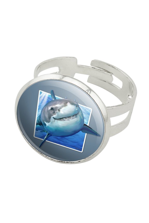 Shark Selfie Picture Great White Silver Plated Adjustable Novelty Ring