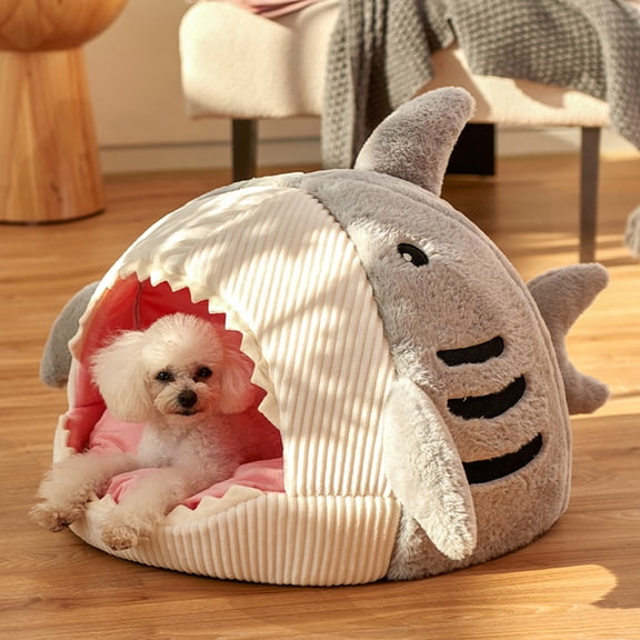 Shark Shape Cat Cave Bed with Thick Cushion, Kitten Soft Warm House for Indoor Cats, Cute Cat Tent with Removable Washable Cushioned Pillow, Anti-Slip Bottom Cat Hut Sleeping Bag-(Gray,S)