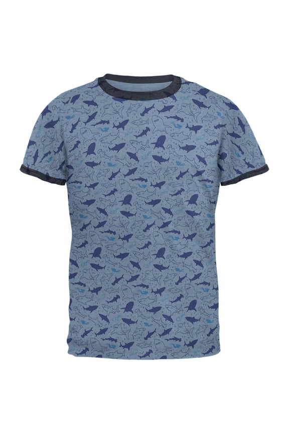 Shark Sharks Outline Repeat Pattern Mens Ringer T Shirt Heather Blue-Navy SM