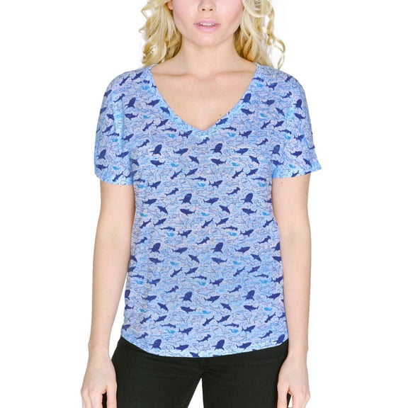 Shark Sharks Outline Repeat Pattern Women's Slouchy V-Neck T Shirt Blue Marble LG