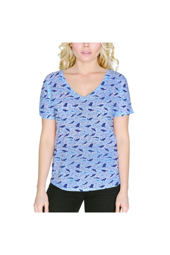 Shark Sharks Outline Repeat Pattern Women's Slouchy V-Neck T Shirt Blue Marble LG