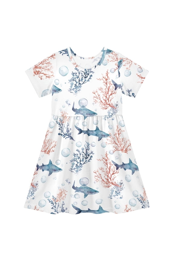 Shark Short Sleeve Dress A-Line Cute Midi Casual Sundress 2-8 Years