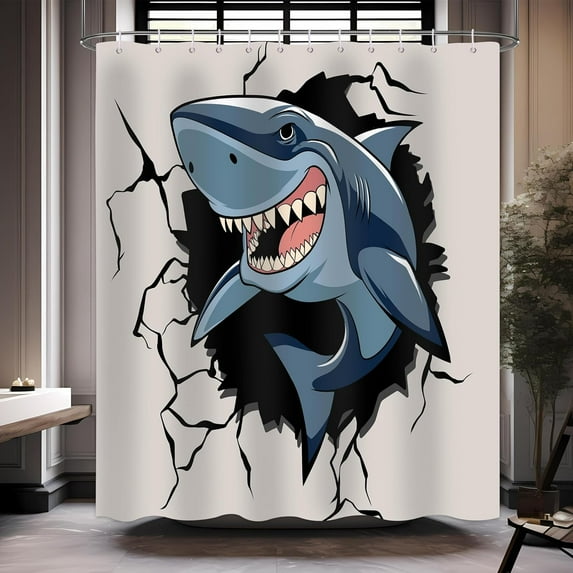 Shark Shower Curtain Fish Shower Curtain Funny Cartoon Shark Smash Through The Wall, Cool Ocean Animal Shower Curtain Set for Kids Bathroom Decor with 12 Hooks 72x72 Inches