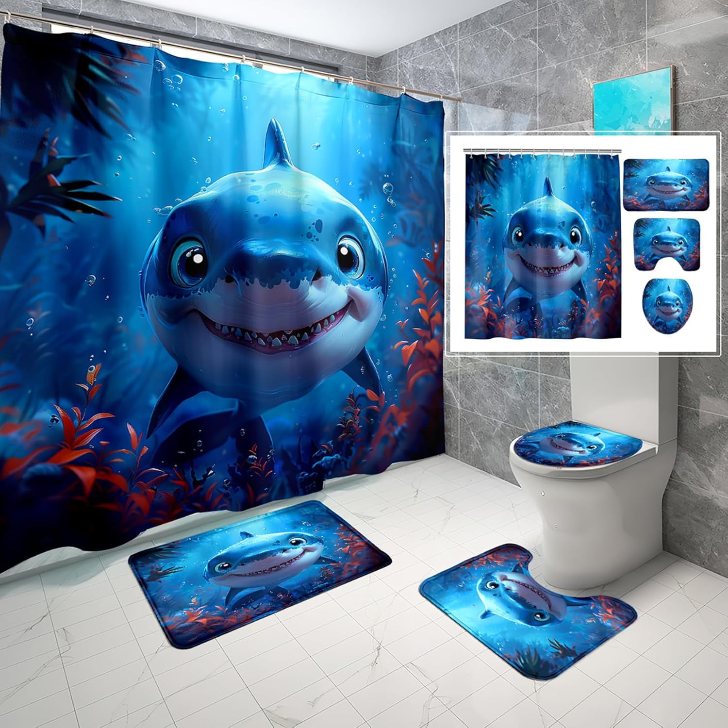 Shark Shower Curtain Set for Boys - 4 Pcs Shark Bath Curtain Set, Whale ...