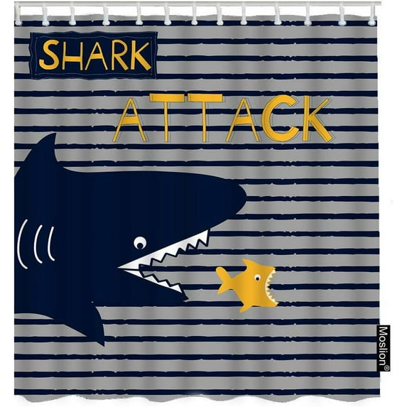 Shark Shower Curtain Set Cartoon Ocean Animal Shark Eating Fish in Grey Navy Blue Stripes Shower Curtains Home Decorative Waterproof Polyester Fabric Hooks 72x72 Inch