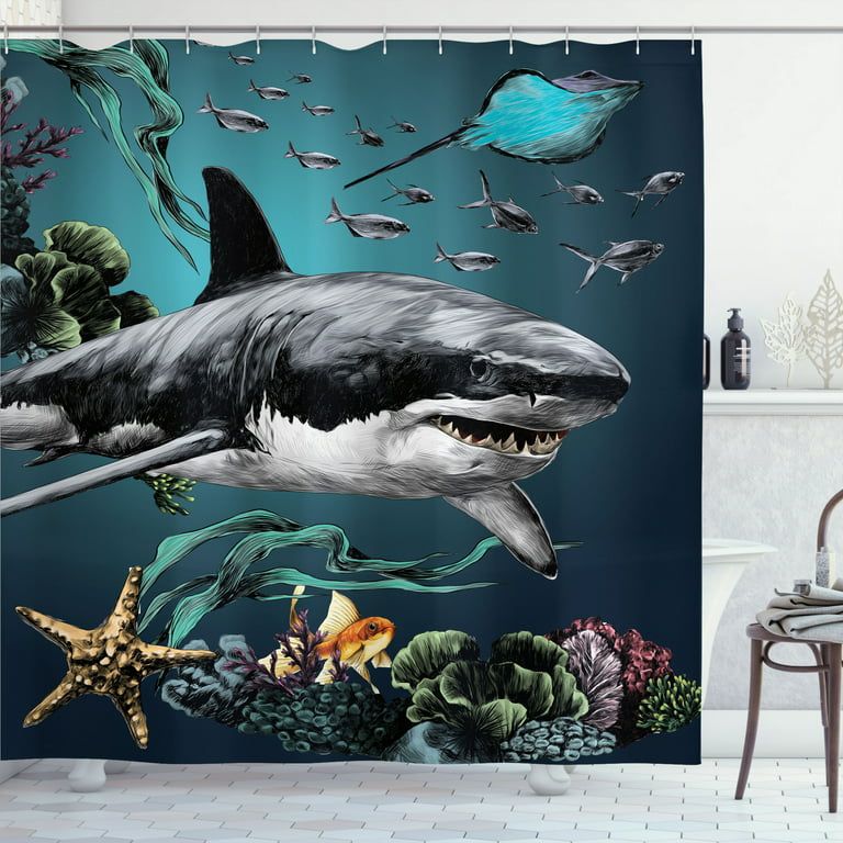 Ambesonne Shark Shower Curtain, Marine Life Scene Fish Corals, 69 inchWx70 inchL, Dark Petrol Blue, Size: 69 W x 70 Large
