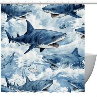 3D Shark Ocean Decor Shower Curtain, Sea Animal Megalodon Underwater World Polyester Fabric Mildew Resistant Bathroom Curtain Accessories with Hooks