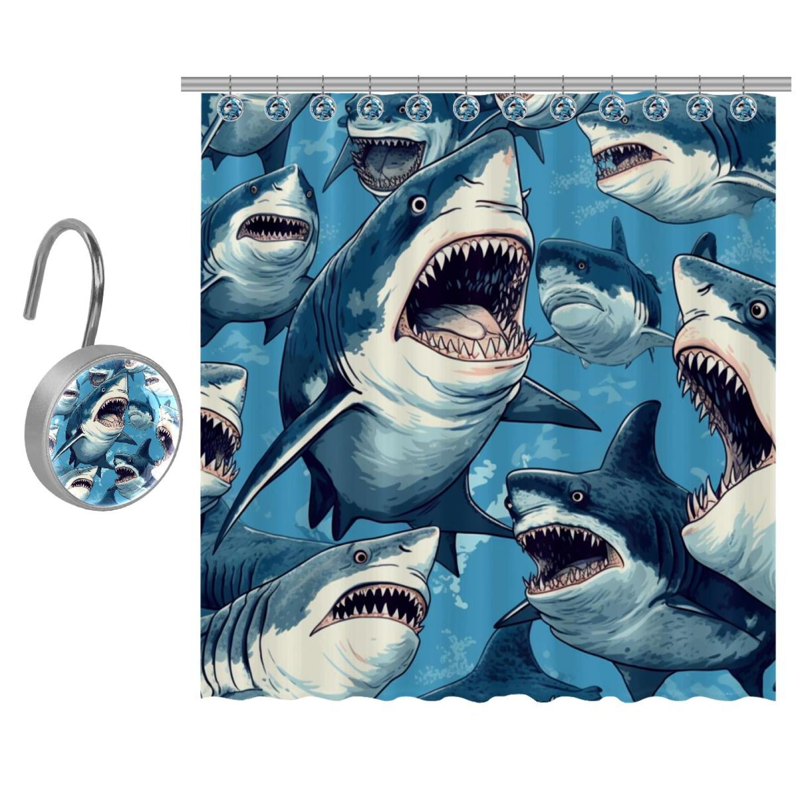 Shark Shower Curtain with Crystal Hooks Set 36" x 72" Modern Bathroom
