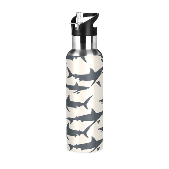 Water Bottles 34oz Straw Lid Wide Mouth Stainless Steel for School Sport Travel Shark Silhouettes