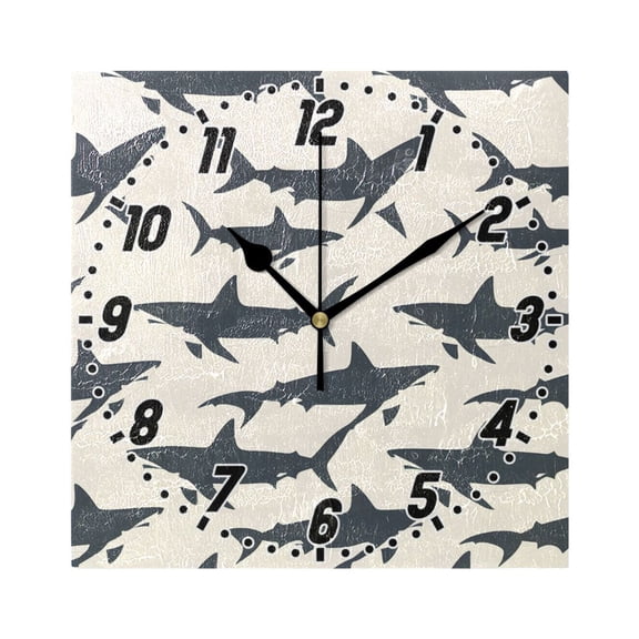 Shark Silhouettes Wall Clock Battery Operated Silent Non-Ticking Bedroom Office Kitchen Home School Decor 7.8"(Black)