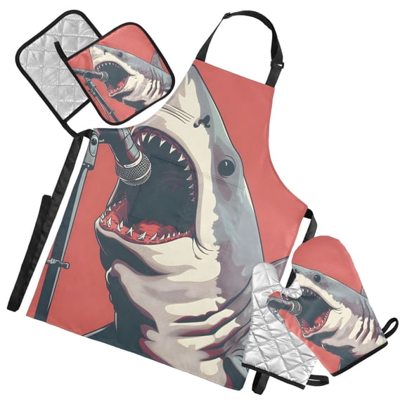 Shark Singing 5 Pcs Kitchen Set Heat Resistant Oven Mitts and Non-Slip Pot Holders with Adjustable Cooking Apron