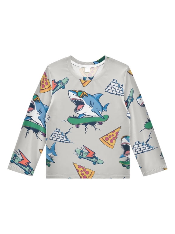 Shark Skateboard Pattern Boys' Rash Guard Shirts UPF 50 Plus Sun Protection Short Sleeve Swim Tees 4T