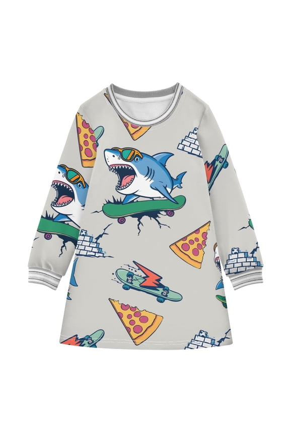 Shark Skateboard Pattern Girls'long-sleeved dress Thickened A-dress Warm Dress Basic Shirt Party Dresses