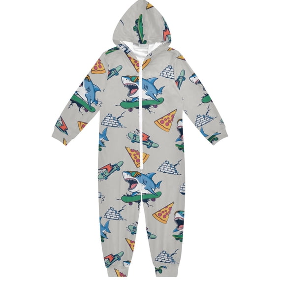 Shark Skateboard Pattern One Piece Pajamas Soft Jumpsuit Cozy Sleep and Play Romper Zipper and Pockets 7T-8T