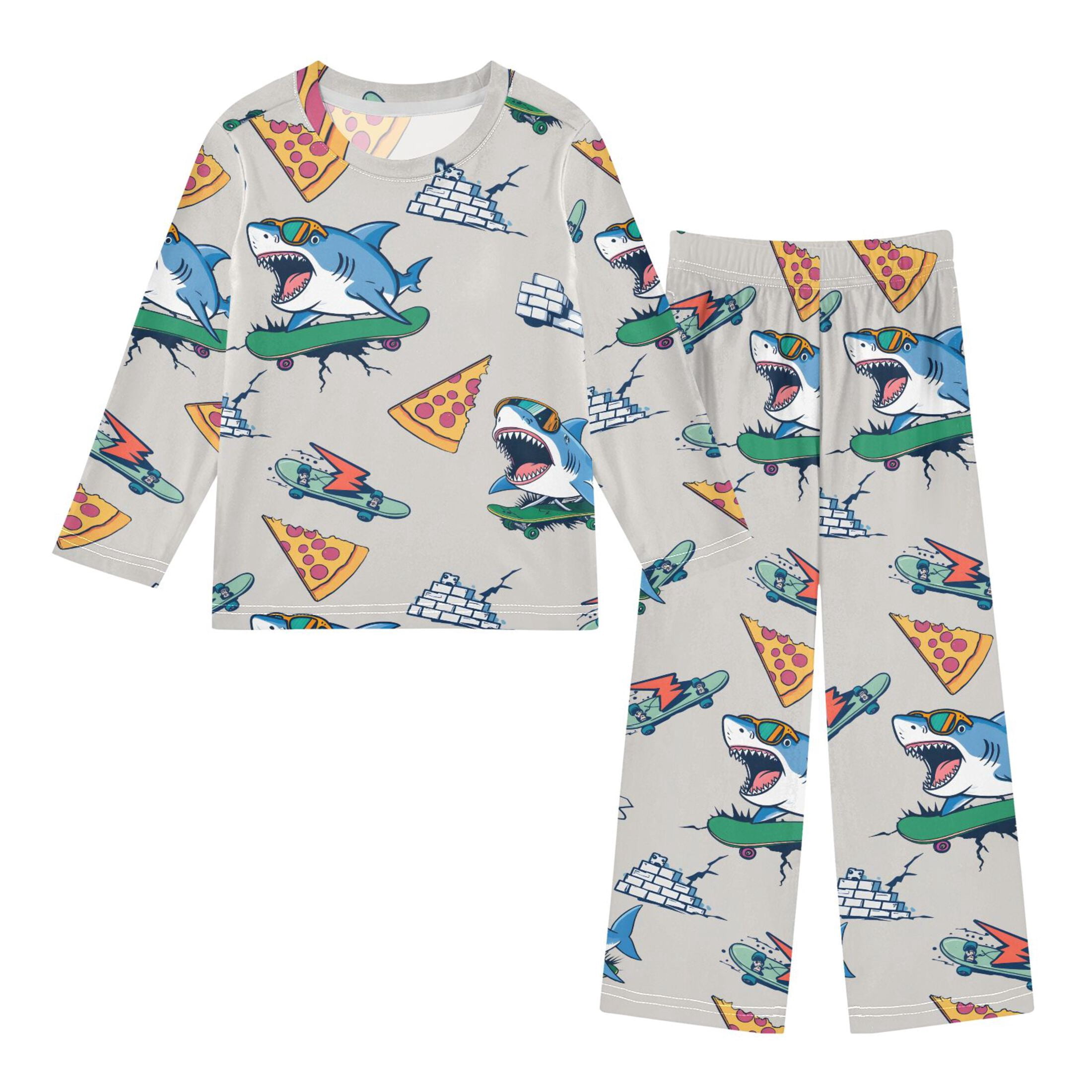 Autaum Patterns Shark Skateboard Pattern Pajama Set Soft Warm Cozy Fleece 2 Piece Fall ...
