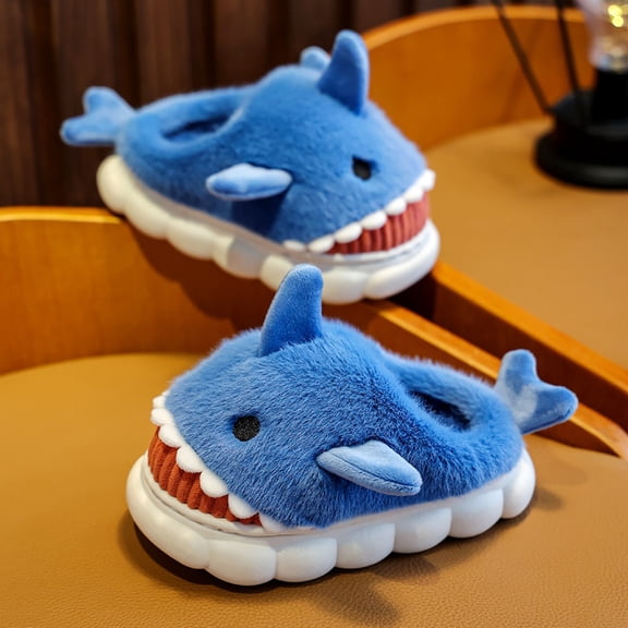Shark Slippers For Kids House Slippers Soft Plush Warm Preppy Slipper Anti-Slip Winter Fuzzy House Shoes For Toddler Girls Blue 6 Y-7 Y
