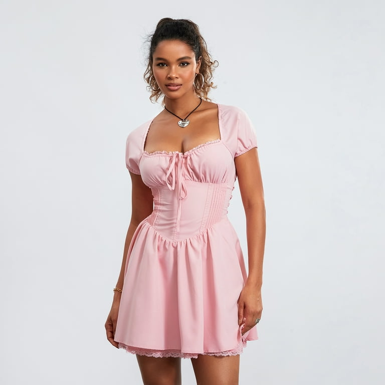 Shark Slippers Women s Summer Corset Dress Lace Trim Low Cut Front Tie Short Sleeve A line Mini Dress Walmart