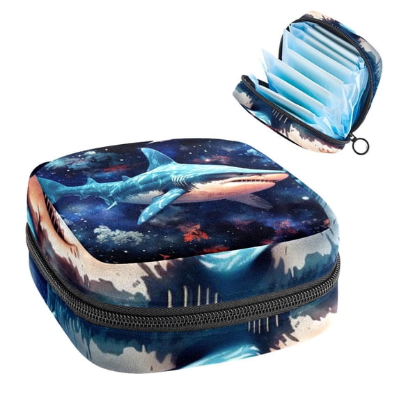 Shark Small Bag Sanitary Napkin Bag Mini Pouch for Purse Small Storage Bag Pouch Case, Made of Velvet, Sponge, Oxford Fabric, 4.7x6.6x6.6 in
