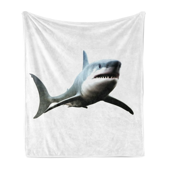 Shark Soft Flannel Fleece Blanket, Digital Illustration of Wild Sea Creature Character Computer Art Artifical Image, Cozy Plush for Indoor and Outdoor Use, 70" x 90", Blue Grey White, by Ambesonne