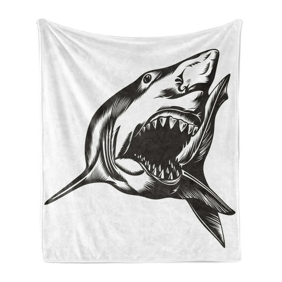 Shark Soft Flannel Fleece Blanket, Digital Sketch of Wild Fish with Open Mouth Power King of the Ocean Illustration, Cozy Plush for Indoor and Outdoor Use, 50" x 60", Dark Grey White, by Ambesonne