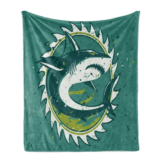Shark Soft Flannel Fleece Blanket, Graphic of Shark Hunter in Dark Murky Colors Sharp Teeth Fish Marine Life Nautical Print, Cozy Plush for Indoor and Outdoor Use, 50" x 70", Green, by Ambesonne